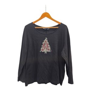 Karen Scott Black Long Sleeve Top with Festive Tree